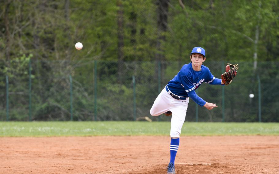 Ramstein's Liam Delp pitches during an 8-3 victory over Kaiserslautern on Saturday, April 30, 2022, in Kaiserslautern, Germany.