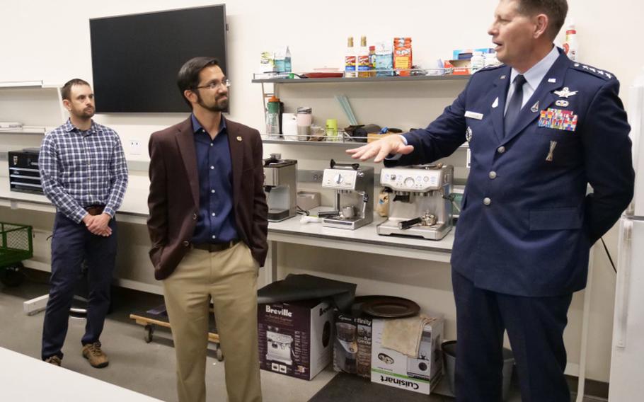 Gen. David Thompson, second in command of U.S. Space Force, chats with students while visiting the Aerospace program at the University of Colorado Boulder. 