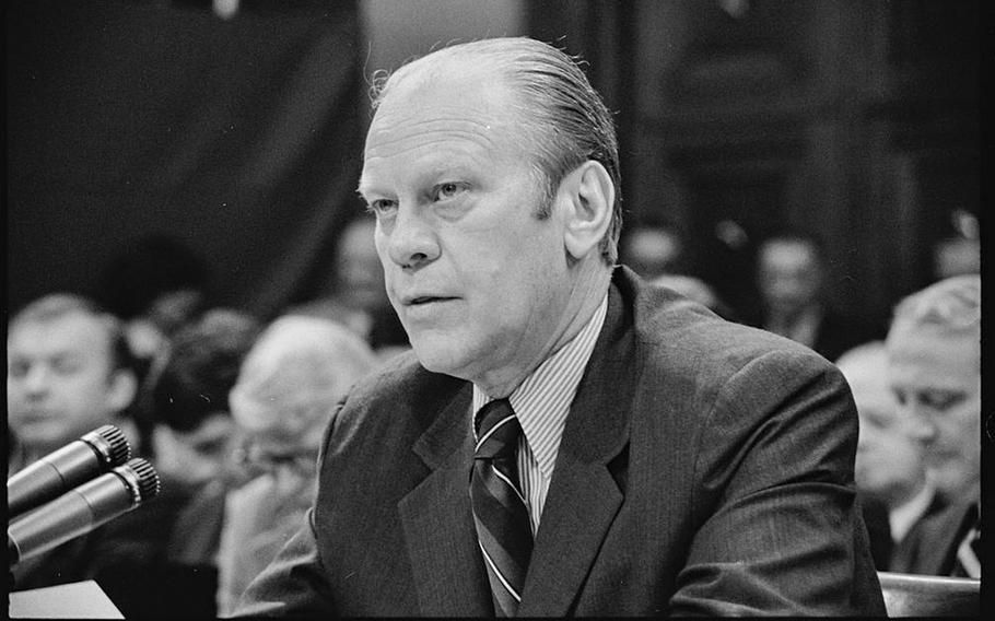 President Gerald Ford appears at the House Judiciary Subcommittee hearing on pardoning former president Richard M. Nixon on Oct. 17, 1974. 