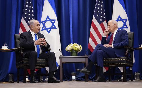 President Joe Biden meets with Israeli Prime Minister Benjamin Netanyahu in New York, Wednesday, Sept. 20, 2023. Biden was in New York to address the 78th United Nations General Assembly. (AP Photo/Susan Walsh)