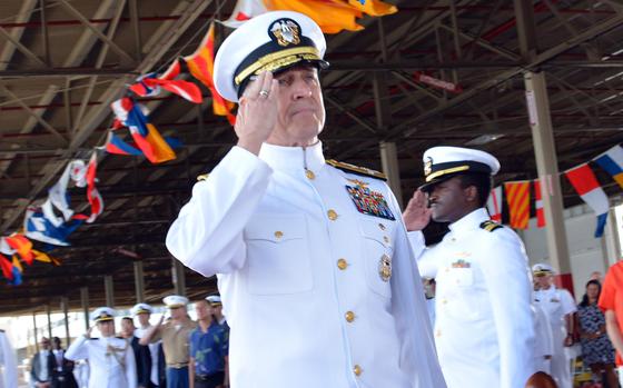 Adm. Stephen Koehler salutes as he arrives to take command of U.S. Pacific Fleet at Joint Base Pearl Harbor-Hickam, Hawaii, on April 4, 2024.