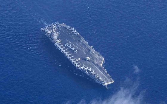 The world’s largest aircraft carrier, USS Gerald R. Ford, conducts operations in the Mediterranean Sea, Nov. 10, 2023. The carrier will remain with its strike group in the eastern Mediterranean, U.S. officials said. 