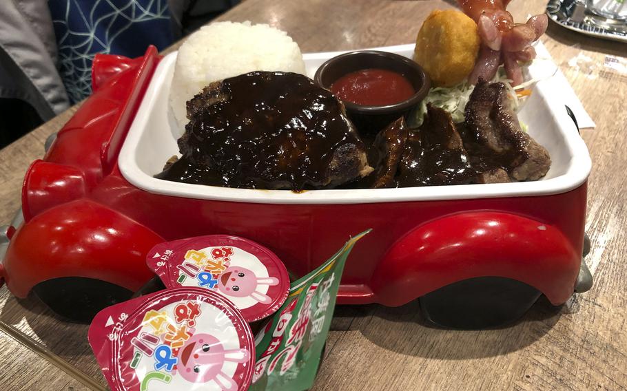 Kids can eat from a dish shaped like a toy car at Steak Man, a family-friendly steak restaurant near Yokota Air Base in western Tokyo. 