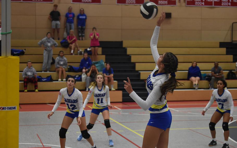 Sigonella’s Ryleigh Denton spikes the ball in the final set in the Jaguars' semifinal match on Friday, Oct. 28, 2022 