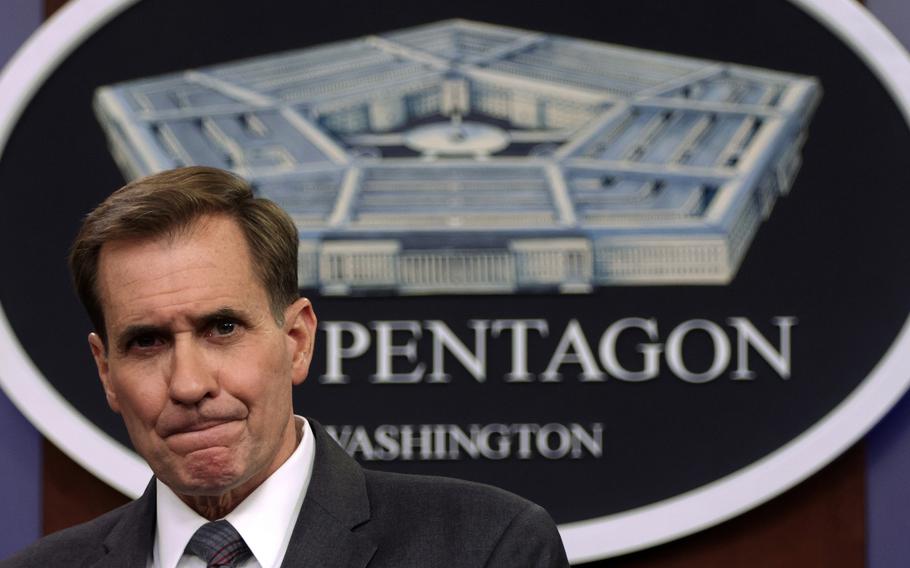 Pentagon spokesman John Kirby participates in a news briefing at the Pentagon Aug. 13, 2021 in Arlington, Virginia. 