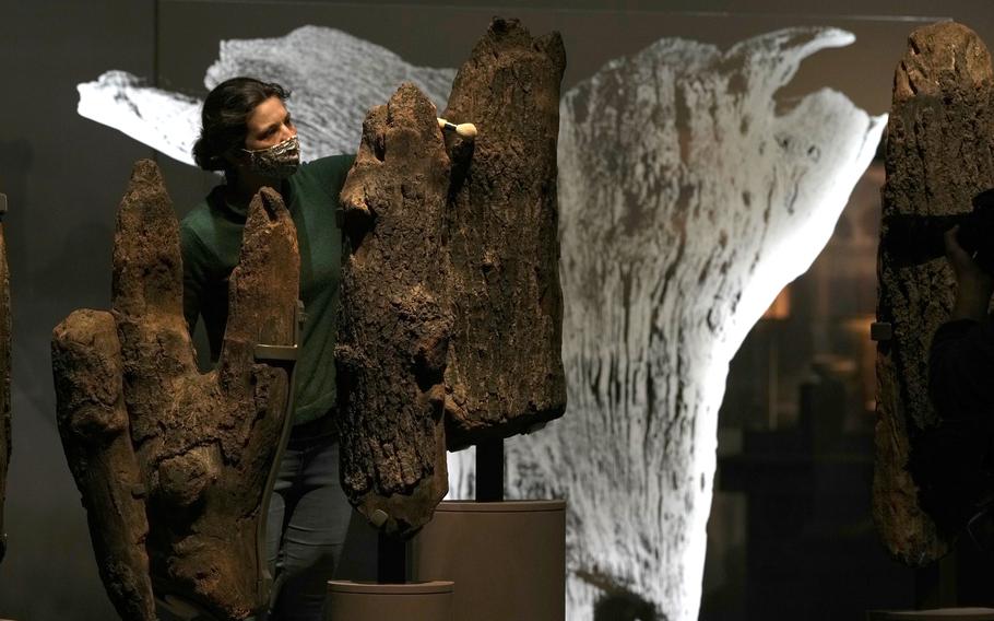 A member of staff dusts 4000 year old Bronze Age logs from the timber circle known as Seahenge, from Norfolk, England, on display at the ‘The World of Stonehenge’ exhibition at the British Museum in London, Monday, Feb. 14, 2022. The exhibition which displays objects and artifacts from the era of Stonehenge opens Feb. 17, and runs until July 17, 2022. 