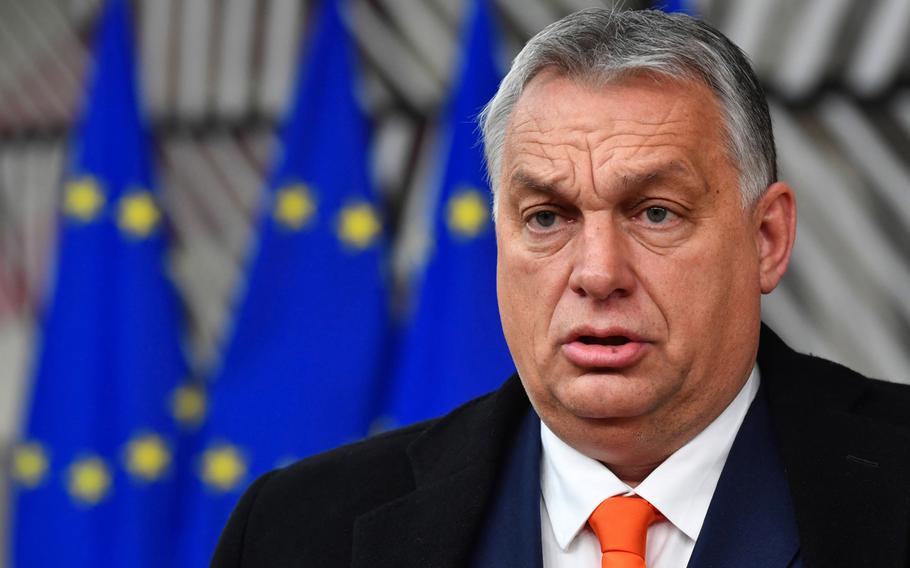 Viktor Orban, Hungary’s prime minister, speaks to journalists as he arrives at a European Union leaders summit in Brussels on Dec. 10, 2020. 