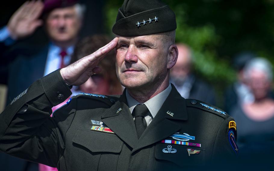 Gen. Christopher Cavoli, the commander of U.S. Army Europe and Africa, salutes during a ceremony at Le Balleuli, Tournieres, France, on June 4, 2022. Cavoli will assume command of all U.S. and NATO forces on the Continent on July 1, 2022, after winning confirmation by the Senate.