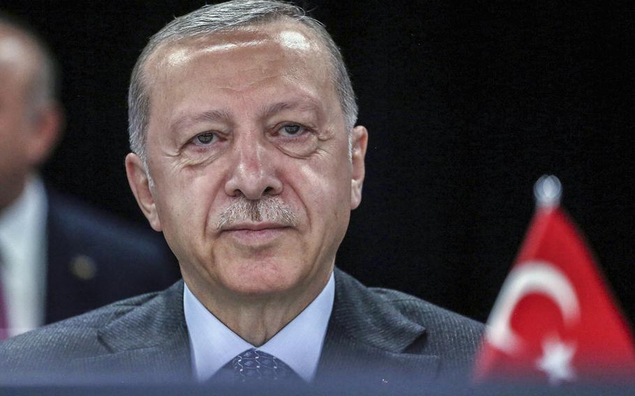 Recep Tayyip Erdogan, Turkey’s president, at a meeting on the final day of the NATO summit in Madrid, on June 30, 2022. Outrage over a jail term for Erdogan’s most formidable political rival brought disparate opposition leaders together in a rally for the first time on Thursday.                         