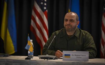 Ukrainian Defense Minister Rustem Umerov listens to opening remarks during the 15th Ukraine Defense Contact Group meeting Sept. 19, 2023, at Ramstein Air Base in Germany. Umerov took office about two weeks earlier.