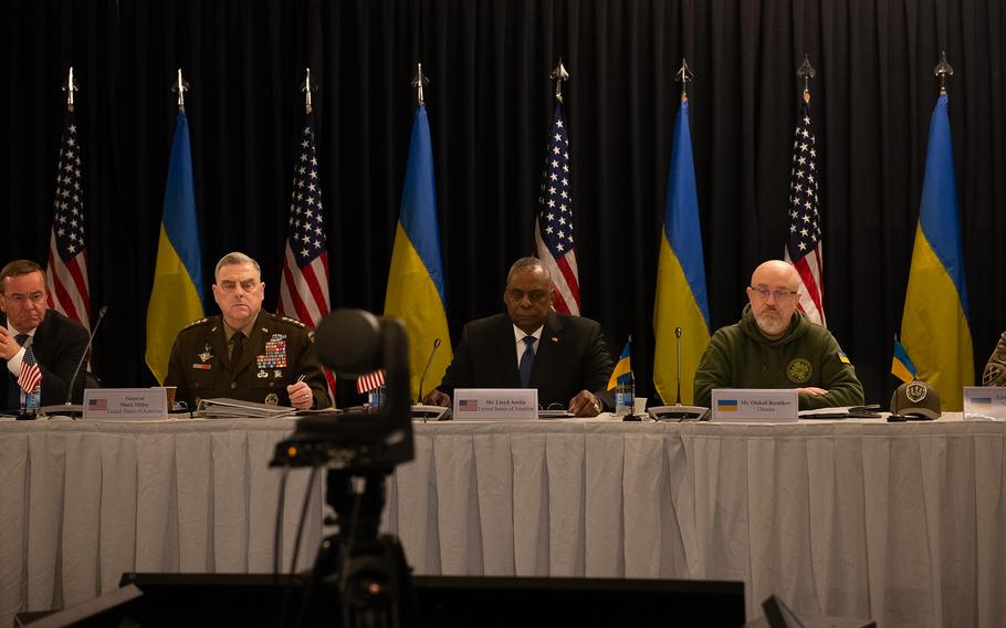 Defense officials Boris Pistorius of Germany, U.S. Army Gen. Mark Milley, U.S. Defense Secretary Lloyd Austin and Oleksii Reznikov of Ukraine give opening remarks on military cooperation during the Ukraine Defense Contact Group meeting Jan. 20, 2023, at Ramstein Air Base in Germany.