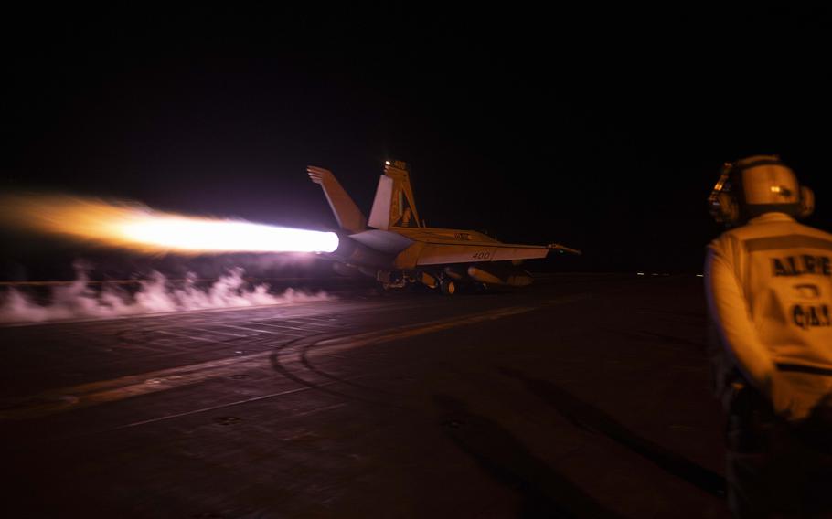 A jet launches from the deck of the aircraft carrier USS Dwight D. Eisenhower in the Red Sea on Feb. 3, 2024. U.S. forces made two new strikes against targets in Houthi-controlled territory in Yemen on Feb. 7, U.S. Central Command said in a statement the following day. 