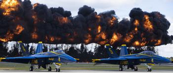 The Wall of Fire detonates to demonstrate an F-35B Lightning Jet II bombing run at Marine Corps Air Station Cherry Point, N.C., Saturday, May 11, 2024. 
