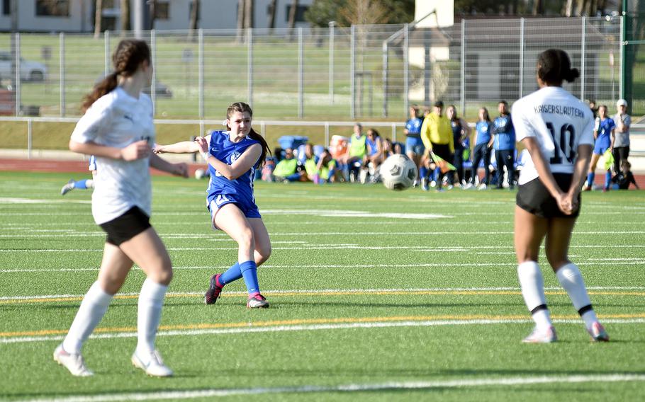 Ramstein attacking midfielder Olivia Davis shoots during a match against Kaiserslautern on April 12, 2024, at Ramstein High School on Ramstein Air Base, Germany.