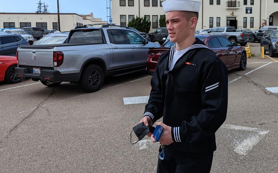 Seaman Recruit Ryan Sawyer Mays leaves a Naval Base San Diego Courthouse Thursday after being arraigned at a general court-martial for allegedly setting fire to the amphibious assault ship Bonhomme Richard in July 2020.