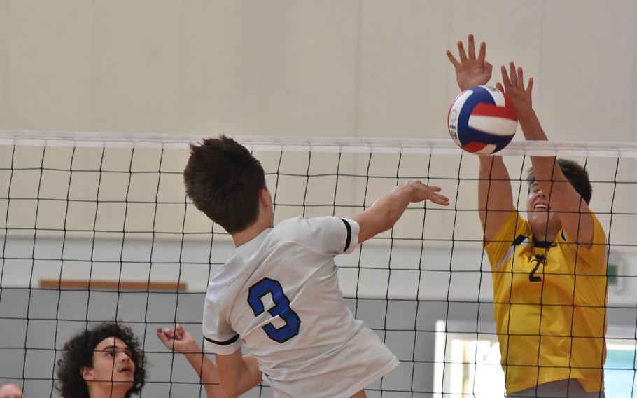 Vicenza's Kristian Brush stuffs an attempted kill from Rota's Hampton Brasfield in the Admirals' two-set victory in pool play Friday, Oct. 28, 2022.

Kent Harris/Stars and Stripes