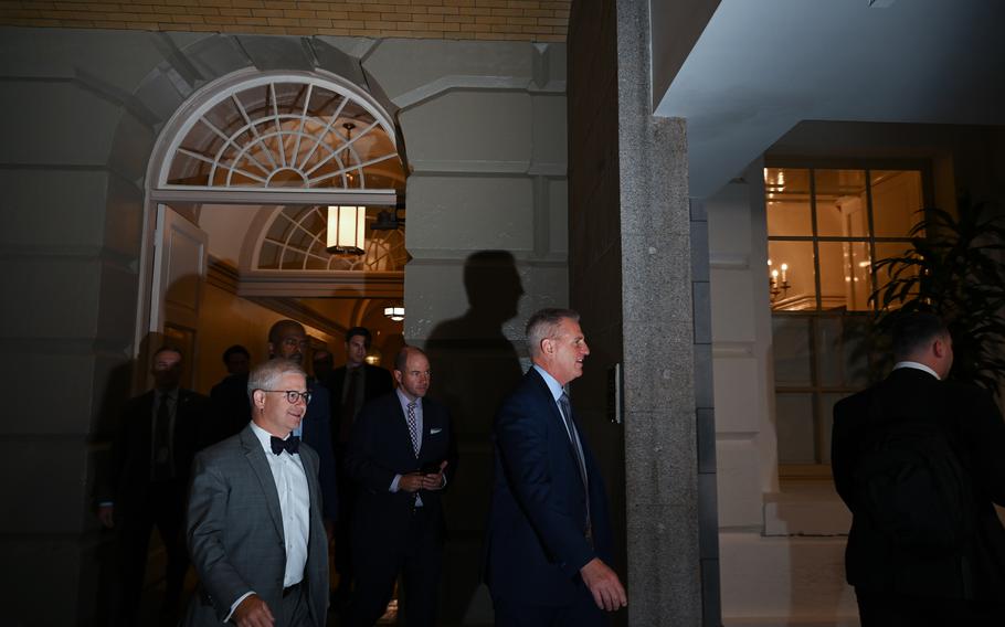 House Speaker Kevin McCarthy (R-Calif.) walks to a House Republican caucus meeting at the U.S. Capitol on Tuesday. 