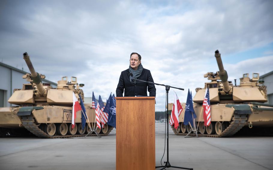 Mark Brzezinski, the U.S. ambassador to Poland, speaks at the opening ceremony for the Army weapons depot in Powidz on April 5, 2023.