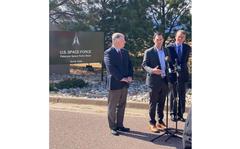 From right, Rep. Doug Lamborn, R-Colo., Rep. Jason Crow and Sen. Michael Bennet, both D-Colo., speak outside of Peterson Space Force Base, Colo., on Thursday after touring the base and meeting with officials. The lawmakers oppose the move of U.S. Space Command from Peterson to Redstone Arsenal, Ala., which was announced in January under former President Donald Trump.