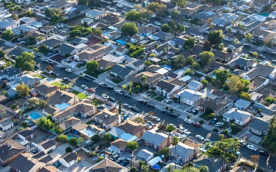 An aerial view of a residential neighborhood.