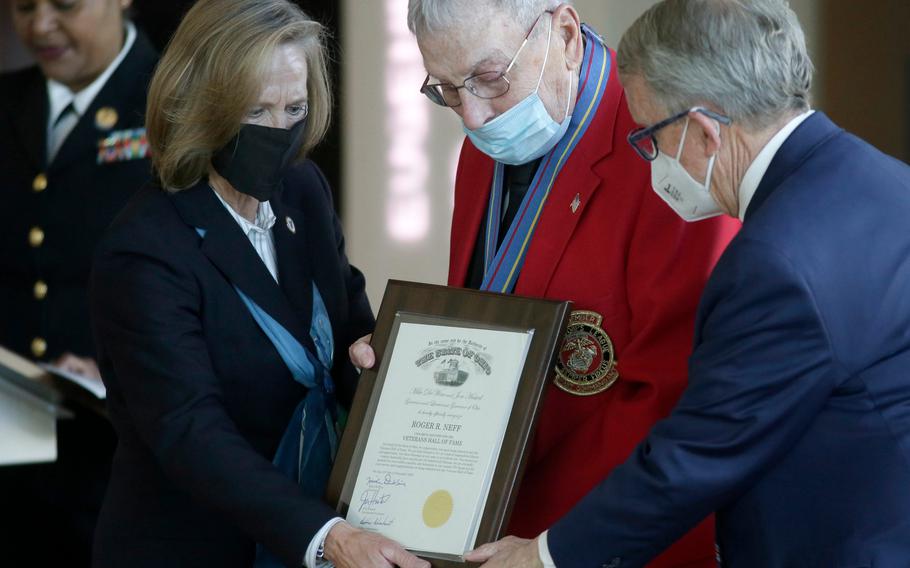 Twelve Ohioans, including Roger R. Neff retired from the U.S. Marine Corps, were inducted into the Ohio Veterans Hall of Fame during a ceremony on Monday, Oct. 18, 2021, at the National Veterans Memorial and Museum in Columbus.