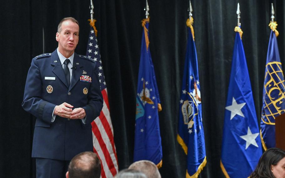 Lt. Gen. Shaun Q. Morris, Air Force Life Cycle Management Center commander, delivers the State of AFLCMC address in Burlington, Mass., Jan. 23, 2023. Morris retired Monday, Nov. 6, without a new commander in place, as Sen. Tommy Tuberville’s hold on military promotion votes keeps the nominated commander in stasis.