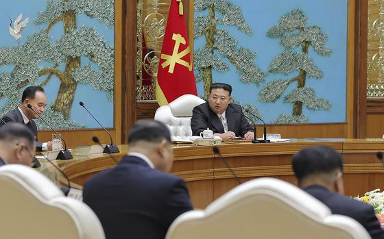 In this photo provided by the North Korean government, North Korea leader Kim Jong Un, center, attends a Politburo meeting in Pyongyang, North Korea Wednesday, Sept. 20, 2023. Independent journalists were not given access to cover the event depicted in this image distributed by the North Korean government. The content of this image is as provided and cannot be independently verified.