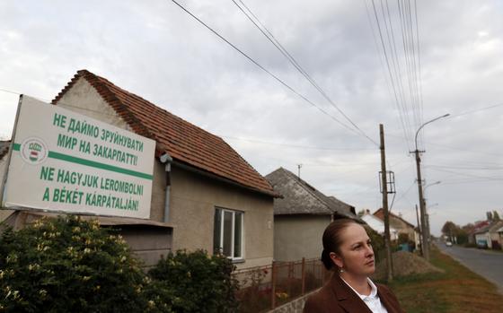 A billboard near a house is seen on the left side of the image while a woman is seen from the shoulders up in the bottom right corner.