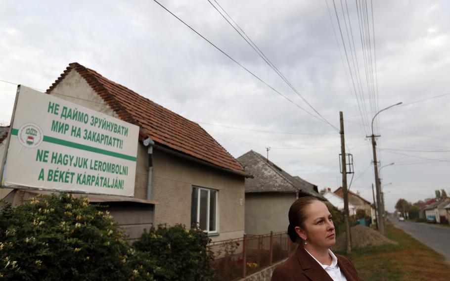 A billboard near a house is seen on the left side of the image while a woman is seen from the shoulders up in the bottom right corner.