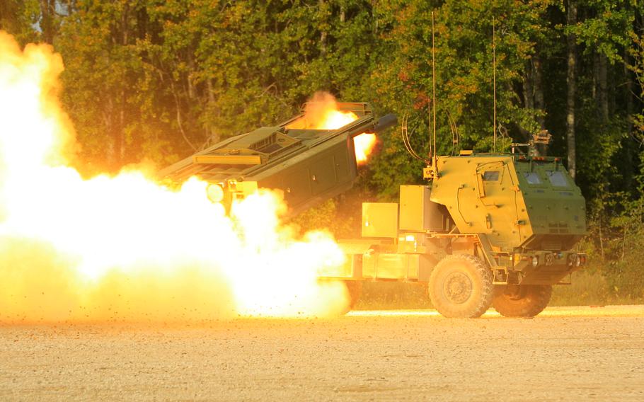U.S. soldiers demonstrate a High Mobility Artillery Rocket System to multinational troops during a live-fire exercise at Central Training Area​, Estonia, Sept. 27, 2023. 