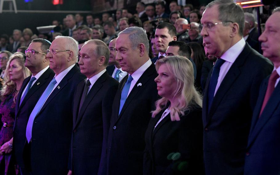 Russian President Vladimir Putin, left, with Israeli Prime Minister Benjamin Netanyahu, right, attend the World Holocaust Forum on January 23, 2020. The special treatment for the abducted Russians is a new manifestation of the growing alignment between the Kremlin and Hamas. President Vladimir Putin seeks to present himself in the relationship as a leader and champion of a new “multipolar world order,” and the Palestinian militant group gets a veneer of legitimacy at a time when many countries have branded it as a terrorist organization.