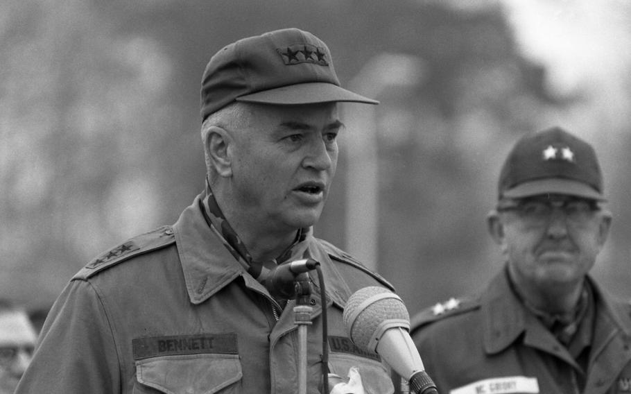 Lt. Gen. Donald V. Bennett, VII Corps commander, addresses the arriving Reforger I troops with Maj. Gen. James T. McGibony, USAREUR and Seventh Army surgeon, standing next to him. 