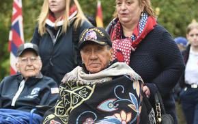 Veteran Charles Shay, who was a 20-year-old infantryman and medic when he landed on Omaha Beach on June 6, 1944, attends the D-Day anniversary ceremony at Normandy American Cemetery on Tuesday, June 6, 2023.