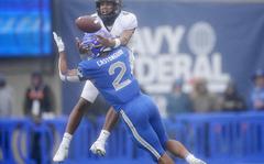 Air Force cornerback Eian Castonguay, front, breaks up a pass intended for Colorado wide receiver Jamar Montgomery in the first half of an NCAA college football game Saturday, Sept. 10, 2022, at Air Force Academy, Colo. 