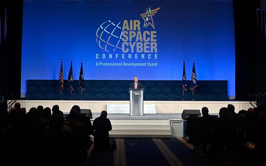Air Force Secretary Frank Kendall speaks at the 2022 Air, Space and Cyber Conference in National Harbor, Md., Sept. 19, 2022. 