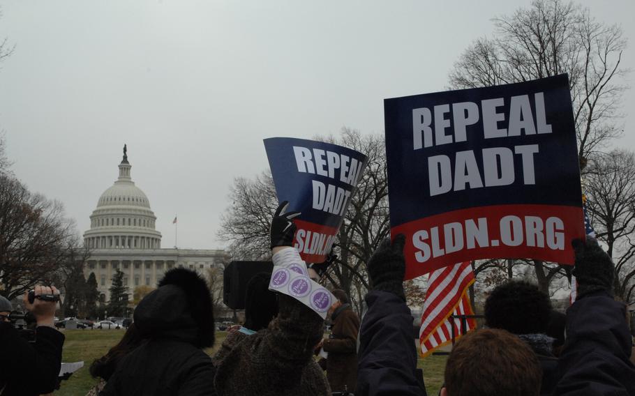 Advocates of the repeal of the military’s ‘‘don’t ask, don’t tell’‘ policy gather outside the U.S. Capitol on Dec. 10, 2010.