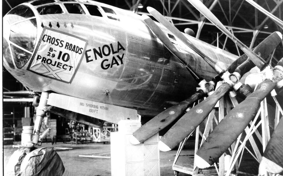 Historical photo showing B-29 ‘Enola Gay’ undergoing modification at the Oklahoma City Air Depot to be able to drop atomic weapons. The Enola Gay dropped the first nuclear weapon in combat in the form of a ‘Little Boy’ nuclear bomb on Hiroshima, Japan. 
