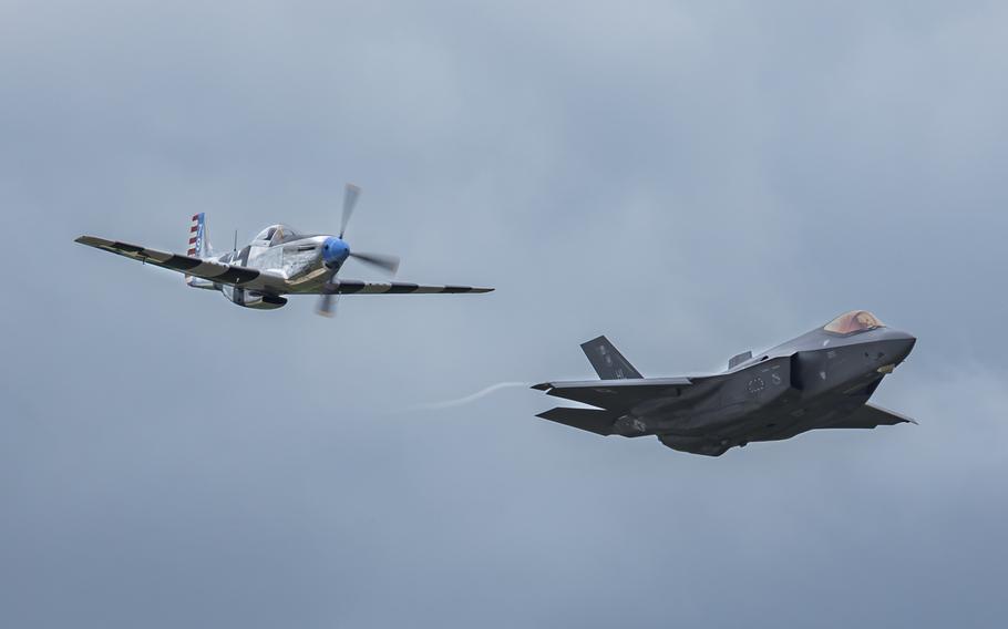 A P-51 Mustang and an F-35A Lightning II fly together as part of a heritage flight during The Great Texas Airshow, Saturday, April 6, 2024, at Joint Base San Antonio-Randolph. 