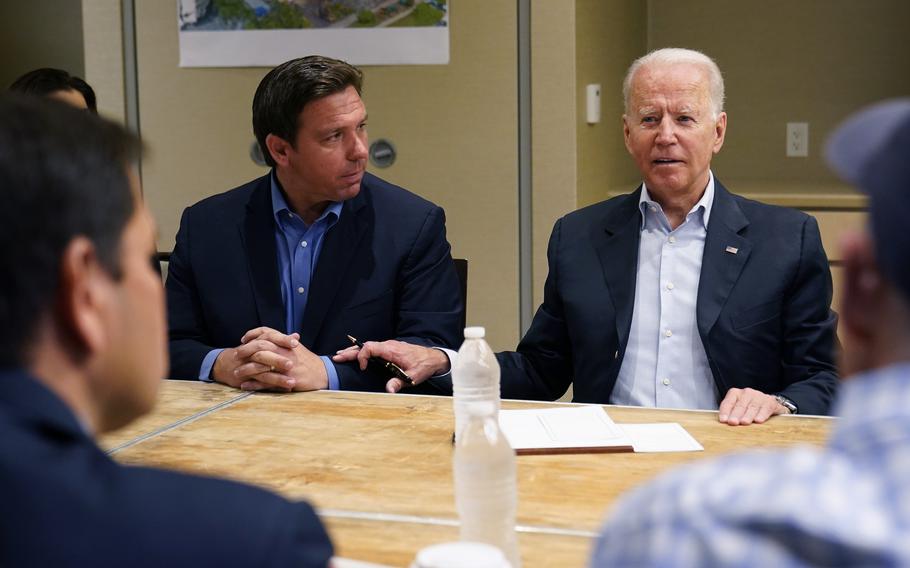 President Joe Biden attends a briefing in Miami Beach, Florida, with Gov. Ron DeSantis, on Thursday, July 1, 2021, as they discussed the collapsed condo tower in Surfside. 