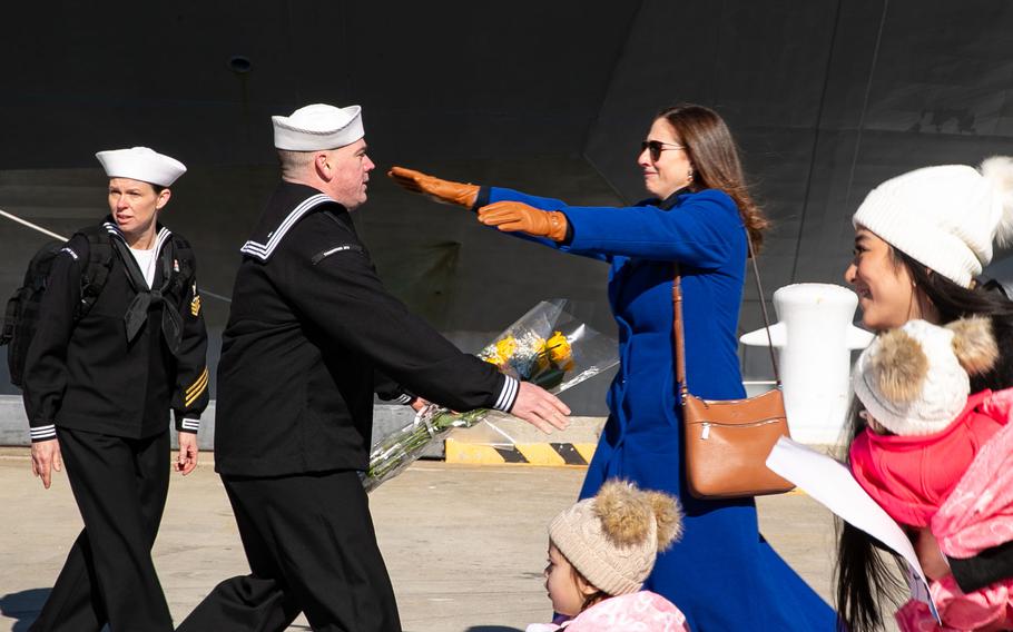 Sailors assigned to the USS Gerald R. Ford greet family upon returning from the ship’s eight-month maiden deployment, Wednesday, Jan. 17, 2024.