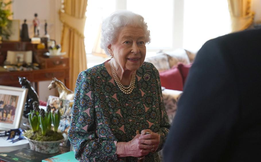 Queen Elizabeth II speaks during an audience at Windsor Castle where she met the incoming and outgoing Defence Service Secretaries, Wednesday Feb. 16, 2022.