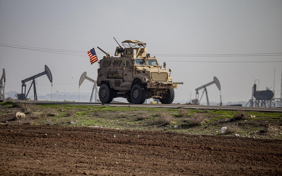A US military vehicle on a patrol in the countryside near the town of Qamishli, Syria, Sunday, Dec. 4, 2022. American and Syrian Kurdish forces detained a militant from the Islamic State group following a helicopter raid in eastern Syria, the U.S. Central Command said in a statement Thursday, Jan. 19, 2023.