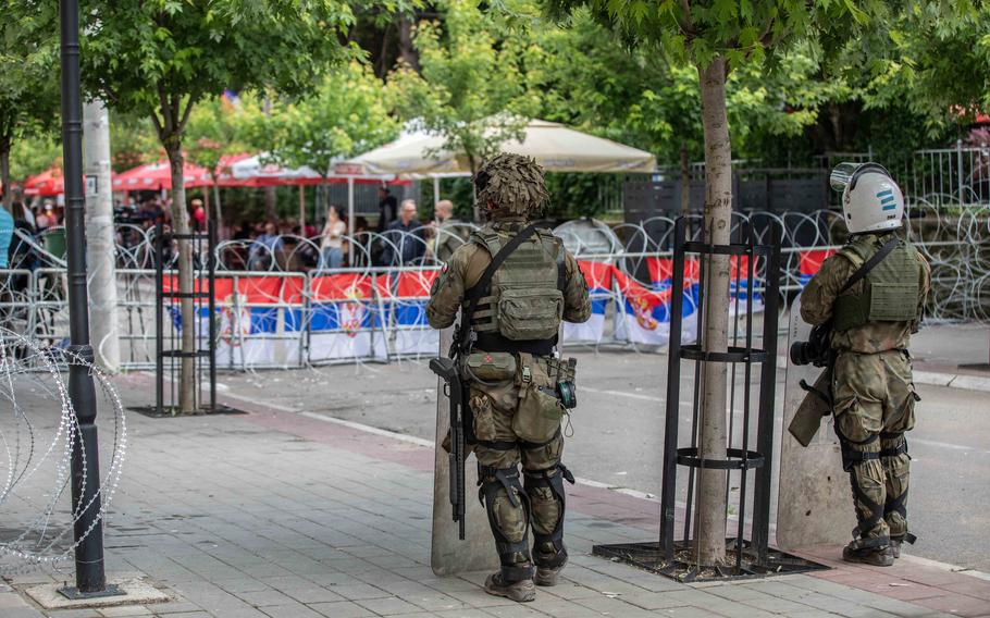 Polish soldiers with Kosovo Force Regional Command-East respond to the civil unrest and protests June 1, 2023, in Zvecan, Kosovo. The U.S. commander blamed agitators for violence that broke out during the demonstrations.