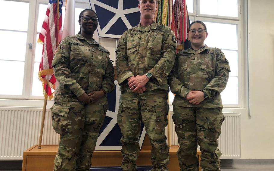 Spc. Andrea Adams, Maj. Ben Hall and Sgt. Ann Hopkins are among the roughly 500 military personnel assigned to the Armys mission in Poznan, Poland, where troops live two to a room in garrison barracks. Major renovation plans mean soldiers will have more modern living facilities in the years ahead. 