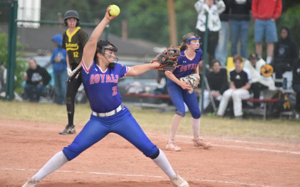 Ramstein pitcher Kelsey Moya winds up to deliver a pitch Thursday, May 22, 2025 at the DODEA-Europe Division I softball championshps on Ramstein Air Base, Germany.