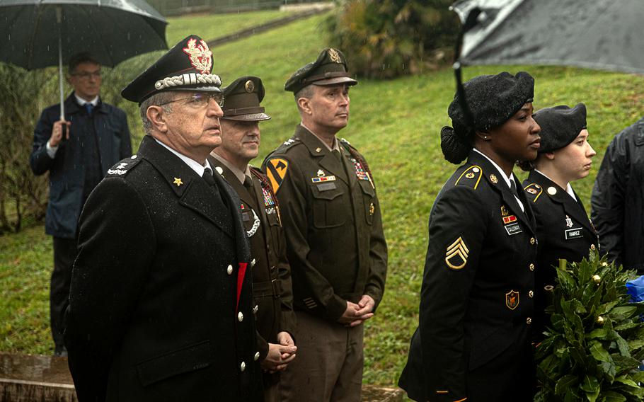 Italian Maj. Gen. Diego Pauvet joins U.S. Army Command Sgt. Maj. Jonathan Reffeor and Maj. Gen. Christopher Norrie, the 3rd Infantry Division commander, at the unveiling of a memorial in Mignano Montelungo, Italy, on Tuesday, March 26, 2024.