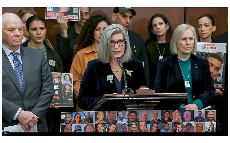 A screen grab from a video posted on Wednesday, Jan. 17, 2024, shows Sen. Joni Ernst, R-Iowa, speaking during a briefing and saying that she is taking action and urging other members of Congress to join her in bringing home American hostages held by Hamas in Gaza.
