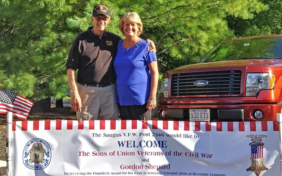 The Sons of the Union Civil War Soldiers honored Gordon Shepard, seen here with his wife Deborah in August 2019, for his work on the Civil War section at Riverside Cemetery in Saugus, Mass. 