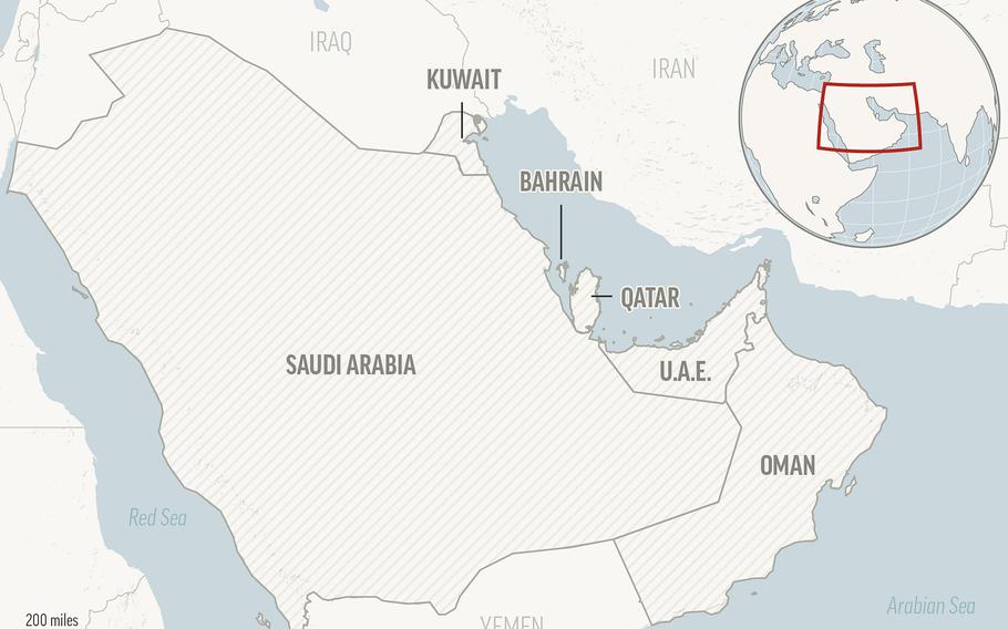 This is a locator map for the Gulf Cooperation Council member states: Saudi Arabia, Bahrain, Qatar, Oman, Kuwait and United Arab Emirates. 