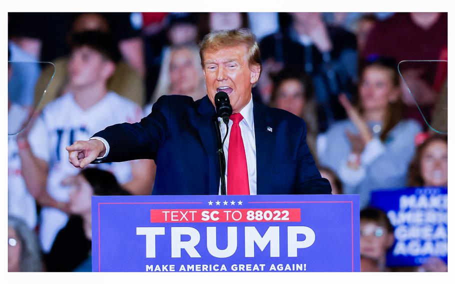 Former President and 2024 presidential hopeful Donald Trump speaks at a "Get Out the Vote" Rally in Conway, South Carolina, on Feb. 10, 2024.